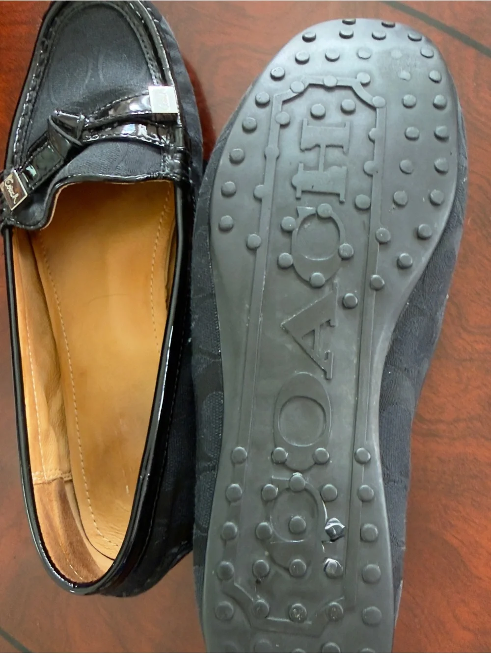 Coach Frida Women’s 8.5 B Black Signature Jacquard Patent Leather Loafers